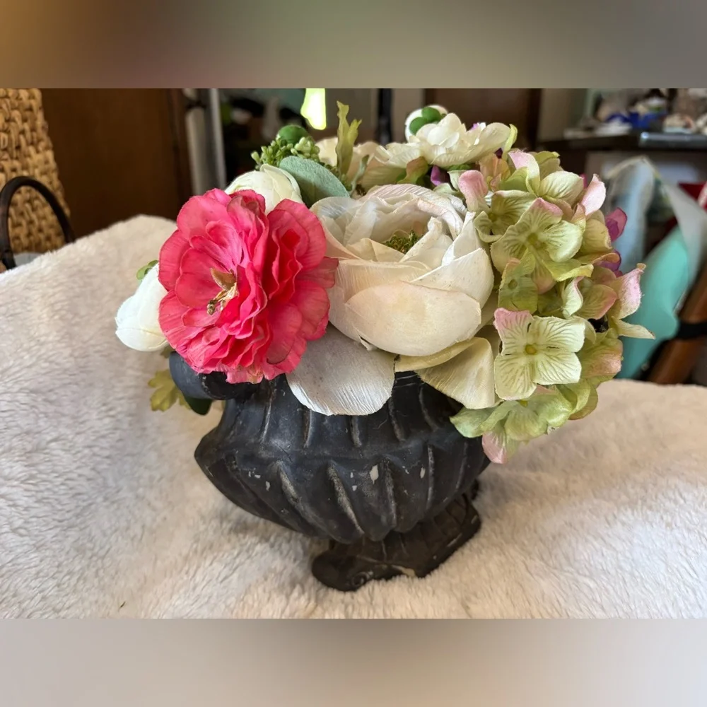 Artificial Floral Arrangement in Black Planter Ranunculus Hydrangeas Roses